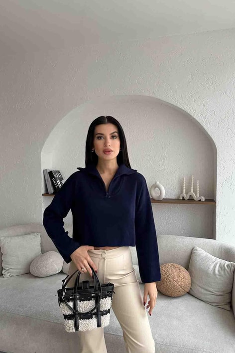 Fermuar Detay Çelik Örme Triko Lacivert