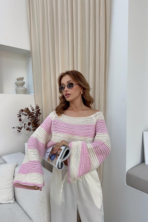 Kalın Şerit Crop Kazak Pembe