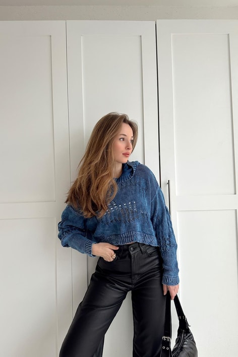 Kapüşonlu Triko Crop İndigo