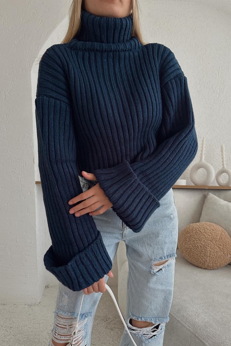 Örgü Balıkçı Yaka Triko Kazak Lacivert