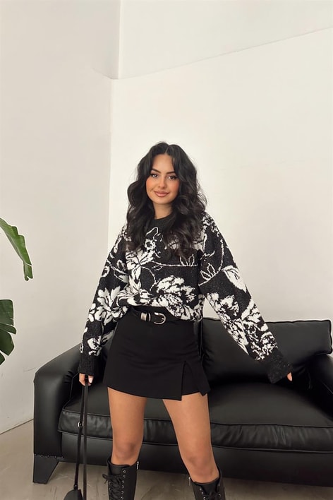 Orkide Desen Triko Kazak Siyah