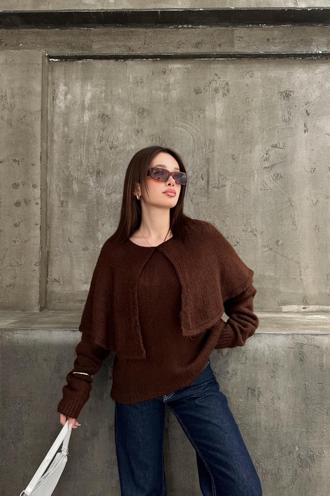 Pelerin Yaka Triko Kahve