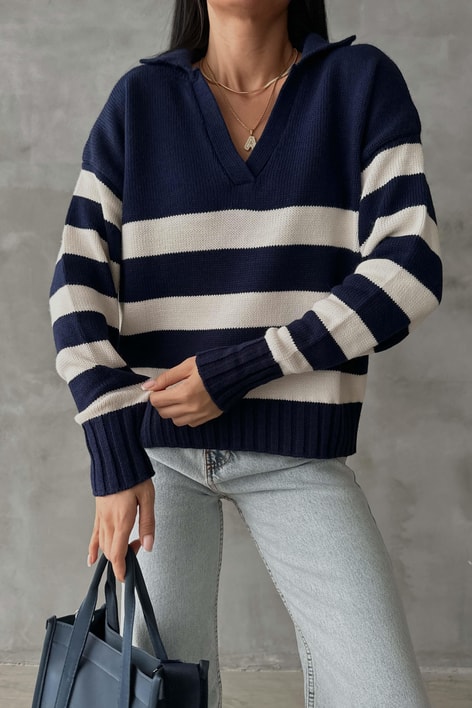 Polo Yaka Çizgili Triko Kazak Lacivert