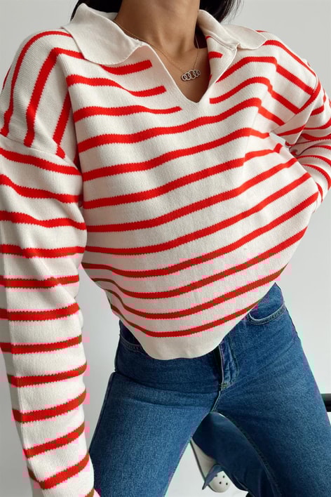 Polo Yaka Çizgili Triko Kazak Nar Çiçeği