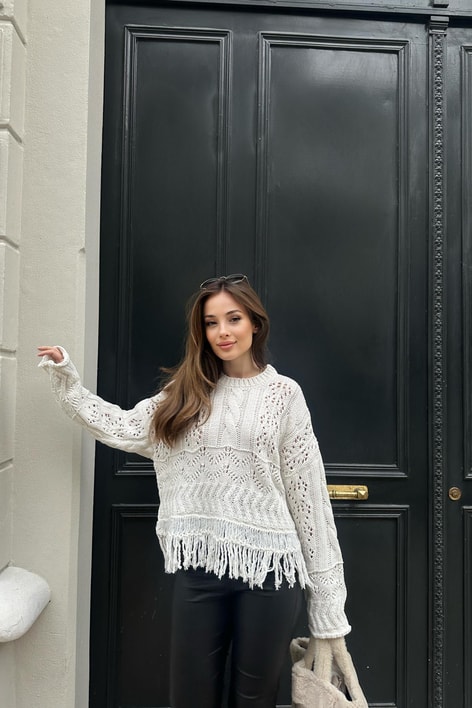 Saçaklı Örme Triko Ekru