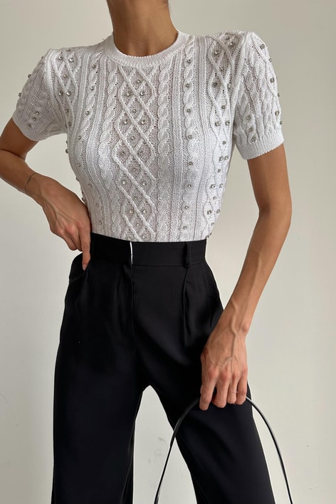 Taşlı Kısa Kol Triko Beyaz