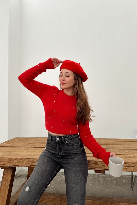 Taşlı Yumoş Kazak Kırmızı