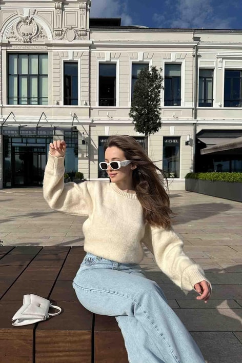 Tiftik Karısımlı Yün Kazak Krem