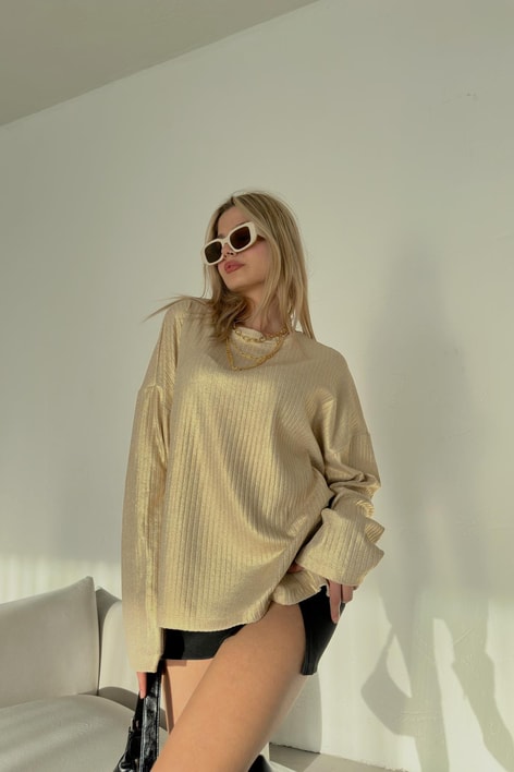 Yırtmaç Detay Metalik Kazak Gold