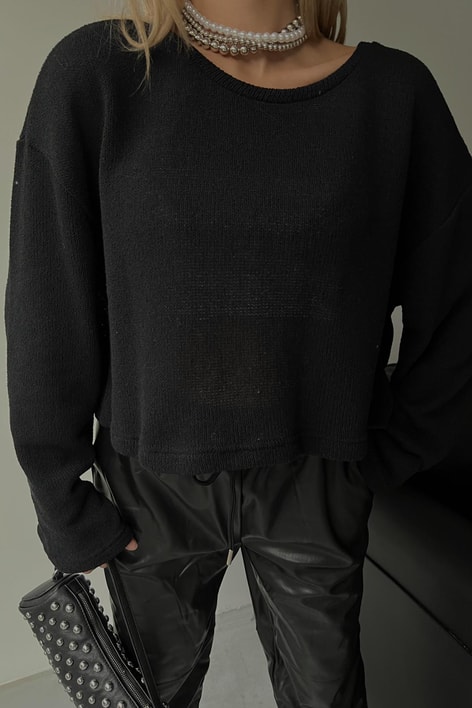 Yuvarlak Yaka Triko Crop Kazak Siyah