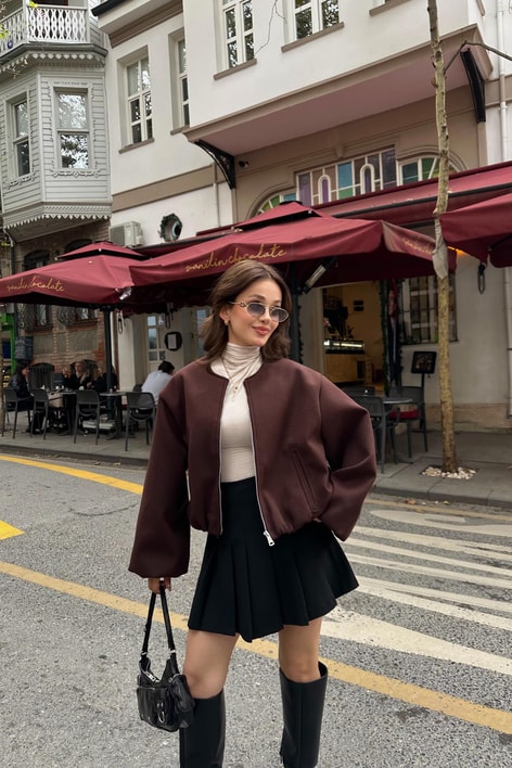 Fermuarlı Kaşe Bomber Mont Kahverengi
