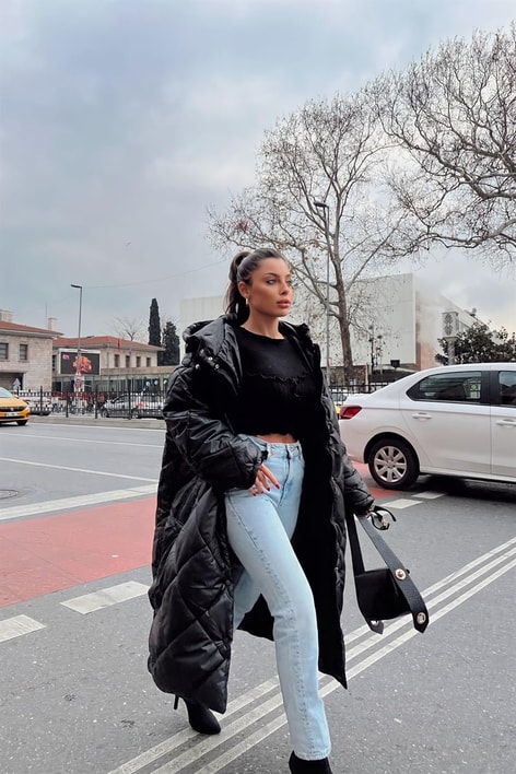 Kapitone Uzun Şişme Mont Siyah