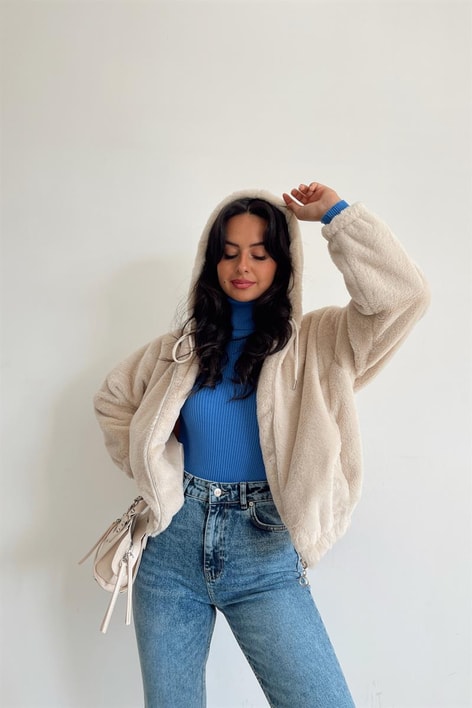 Kapüşonlu Peluş Mont Bej