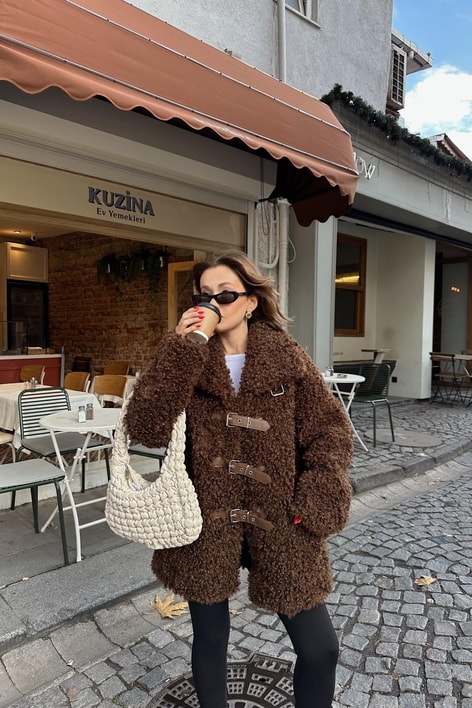 Kemerli Buklet Premium Kürk Kahve