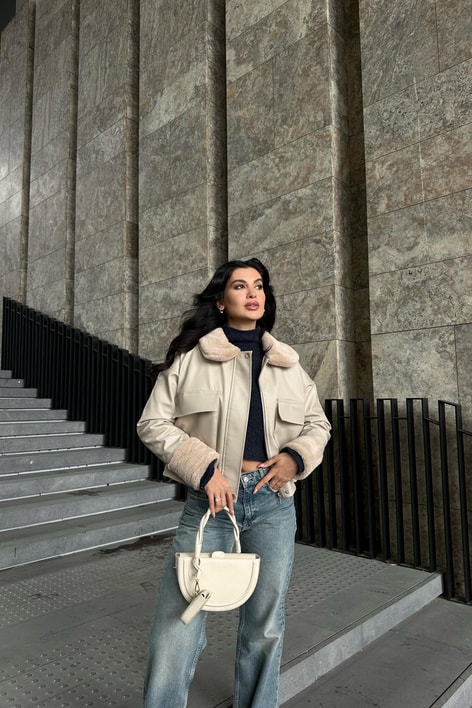 Kürklü Premium Deri Mont Taş