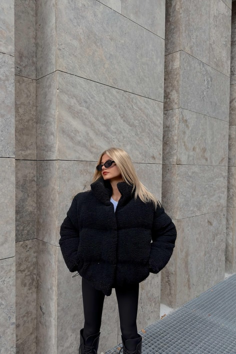 Kuzu Peluş Fermuarlı Mont Siyah