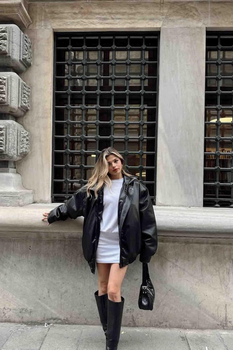 Oversıze Deri Puffer Mont Siyah