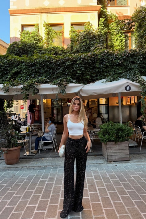 Pullu Pallazo Pantolon Siyah Pantolon