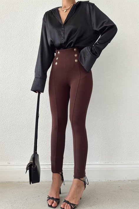 Arma Düğmeli Nervür Dikişli Pantolon Kahve