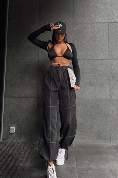 Bağcıklı Dikiş Detay Kargo Pantolon Siyah