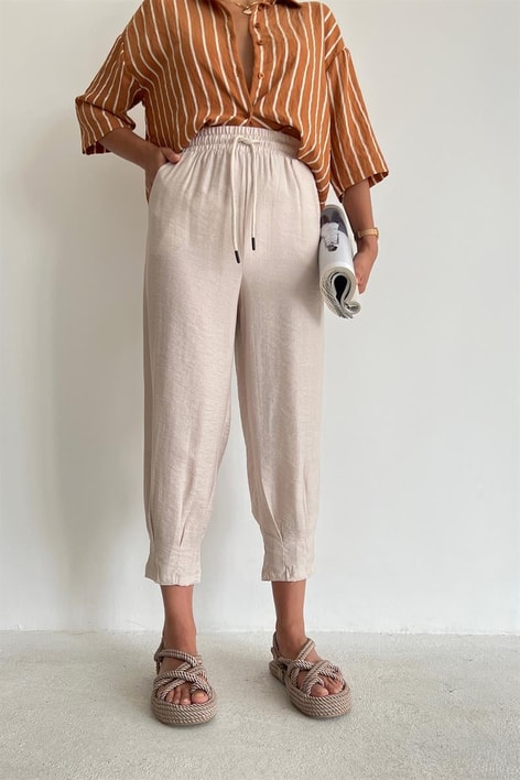 Bel Bağcıklı Keten Baggy Pantolon Taş