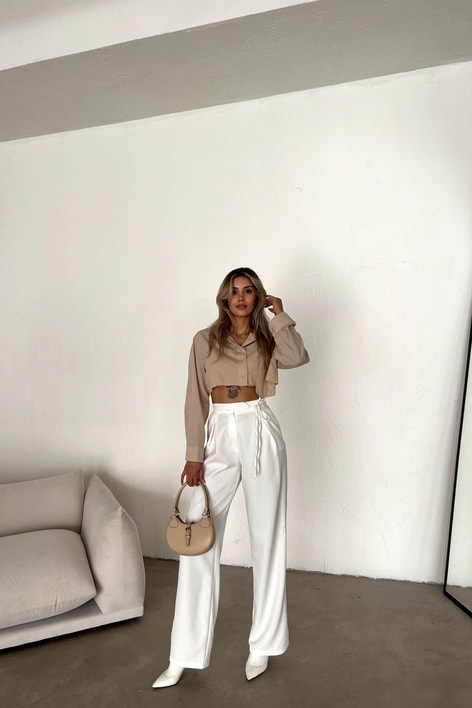 Bel İp Detaylı Palazzo Pantolon Beyaz