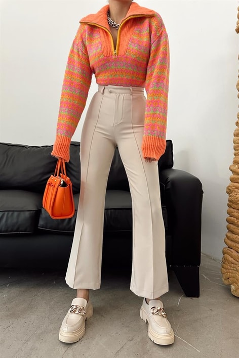 Bel Kapamalı Geniş Paça Pantolon Taş