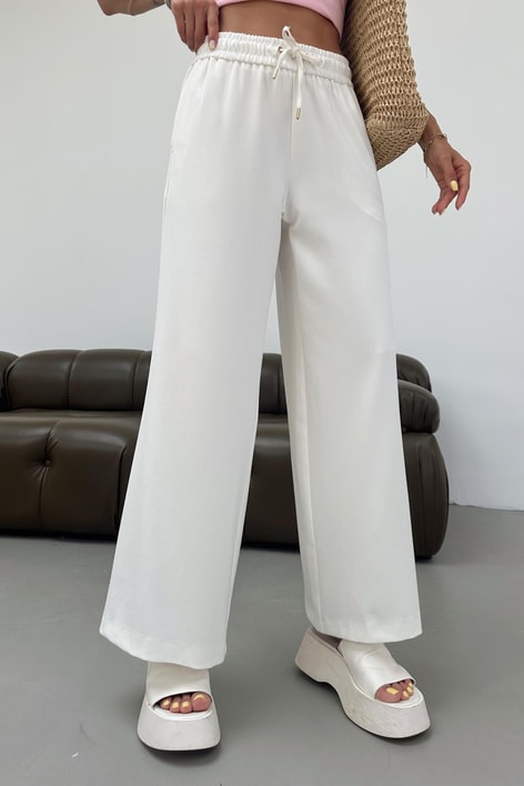 Beli Bağcıklı Geniş Paça Pantolon Beyaz