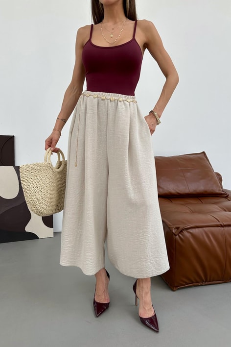 Beli Lastik Geniş Paça Pantolon Taş