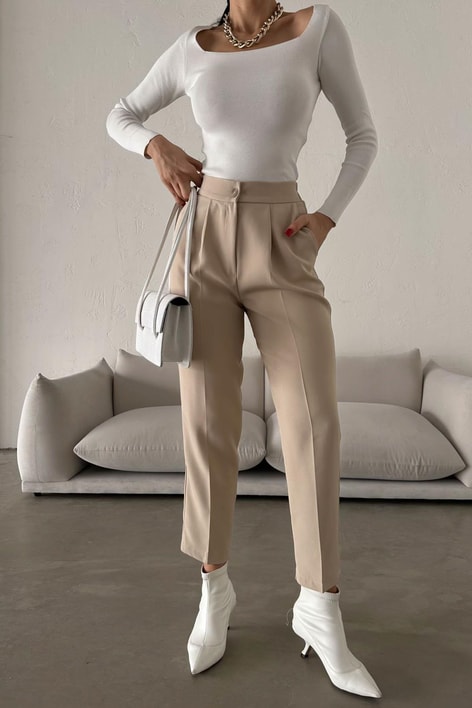 Beli Lastikli Havuç Pantolon Bej