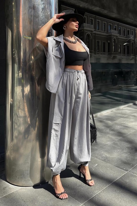 Bol Paça Kargo Paraşüt Pantolon Gri