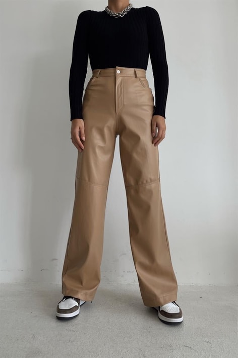 Dikiş Detay Deri Pantolon Vizon