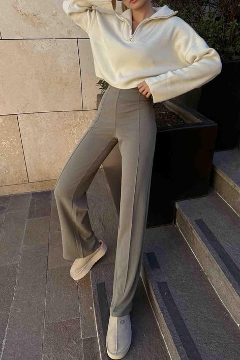 Dikiş Detay Scuba Palazzo Pantolon Haki