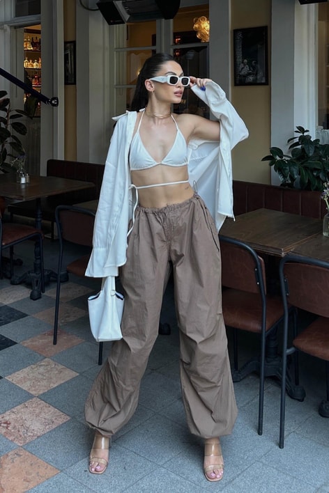 Diz Detay Paraşüt Pantolon Kahverengi