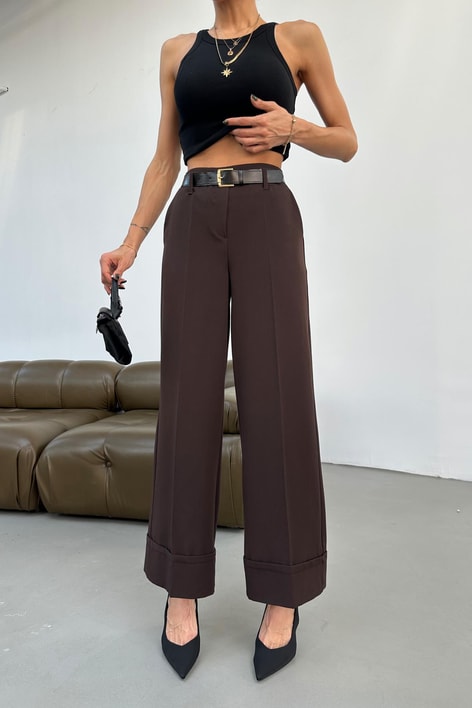 Duble Paça Kemerli Pantolon Kahve