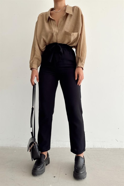 Elastik Bel Kemerli Pantolon Siyah