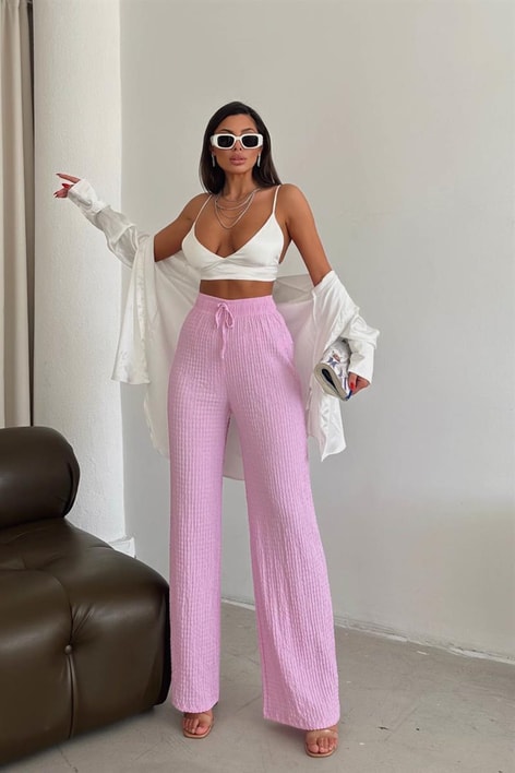 Elastik Belli Gofre Salaş Pantolon Lila