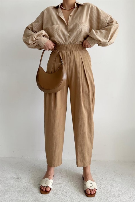 Elastik Belli Havuç Pantolon Vizon