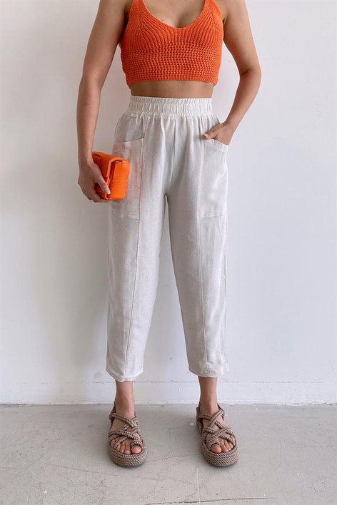 Elastik Belli Keten Pantolon Taş