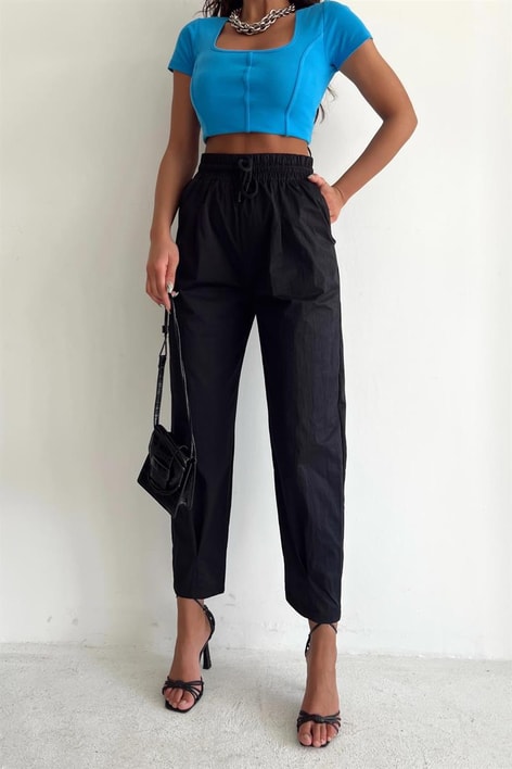 Elastik Belli Paraşüt Dikişli Pantolon Siyah