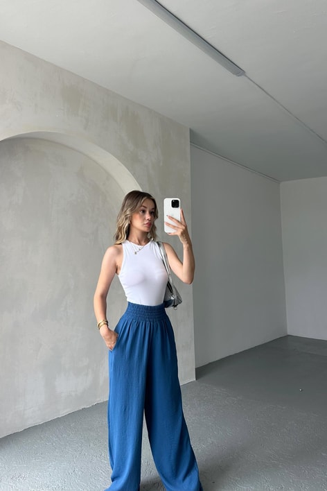 Geniş Bel Lastikli Palazzo Pantolon Saks Mavisi