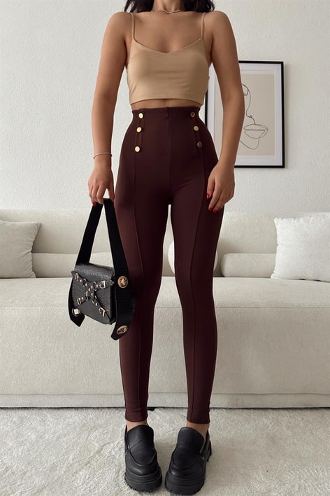 Gold Düğme Nervür Dikişli Pantolon Kahve