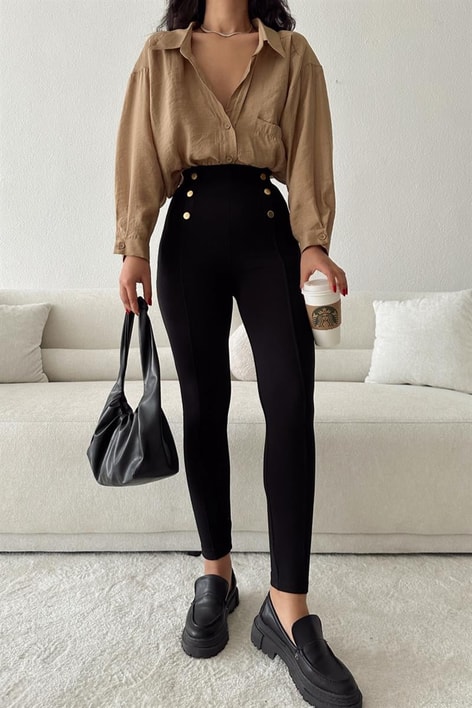 Gold Düğme Nervür Dikişli Pantolon Siyah