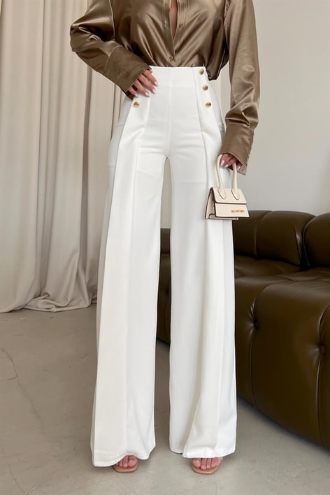 Gold Düğme Salaş Kumaş Pantolon BEYAZ