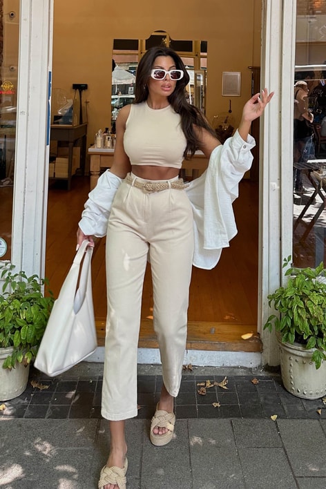 Hasır Örgü Kemer Havuç Pantolon Taş