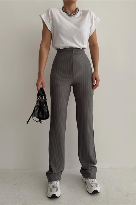 İspanyol Paça Çizgili  Pantolon Gri