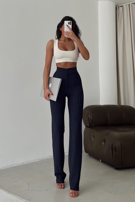 İspanyol Paça Çizgili  Pantolon Lacivert