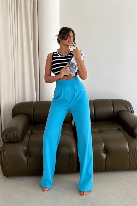 Kemer Kapamalı Palazzo Pantolon Mavi