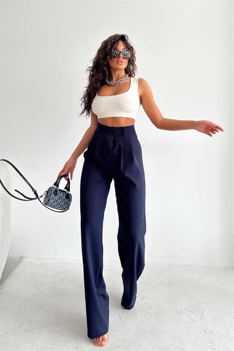 Kemer Kapamalı Palazzo Pantolon Lacivert
