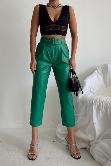 Kemerli Deri Pantolon Yeşil